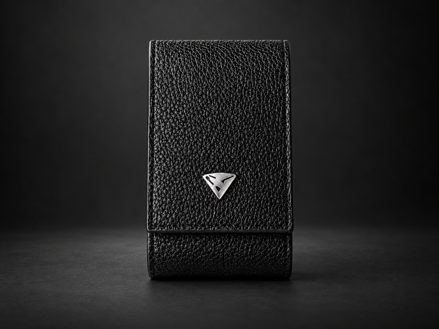 Superwatchman leather watch pouch on a dark studio background