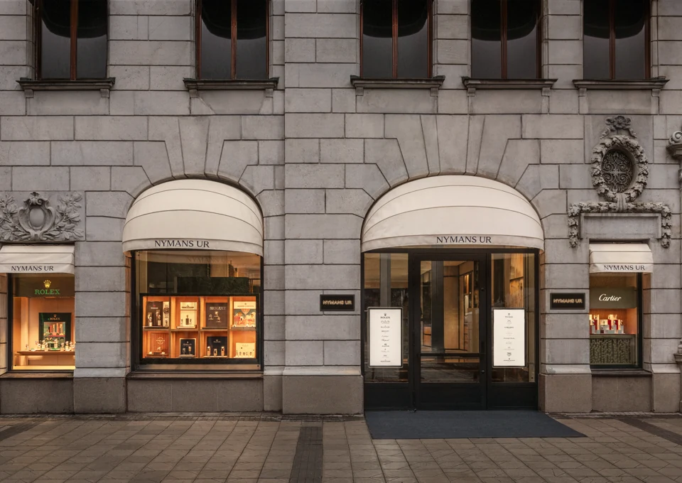 Nymans Ur flagship facade and entrance at Smålandsgatan 16 in Stockholm