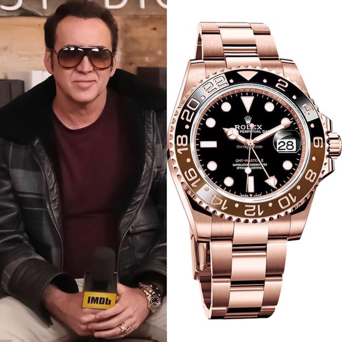 Legendary actor Nicolas Cage is here in an interwiev for IMDB TV seen wearing a @rolex Root Beer in 18K Everose Gold ️ 38,370.00 📸 @superwatchman