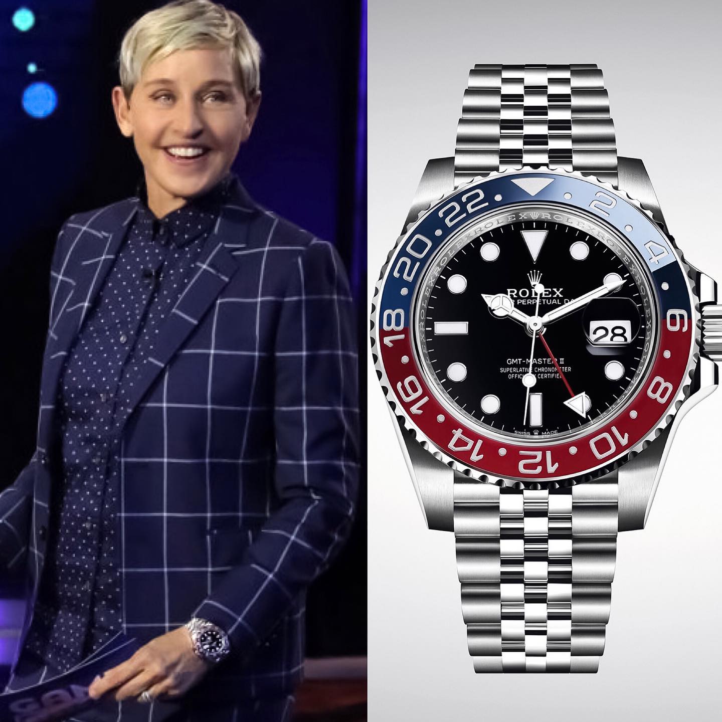 The comedian, TV-host & businesswoman Ellen DegGeneres @theellenshow has added the dream watch @rolex GMT Master II Pepsi 126710 BLRO ðŸ¥¤ to her insane watch collection ï¸� ï¸� 9,500.00 retail / 17,500.00 resell ðŸ“¸ @superwatchman