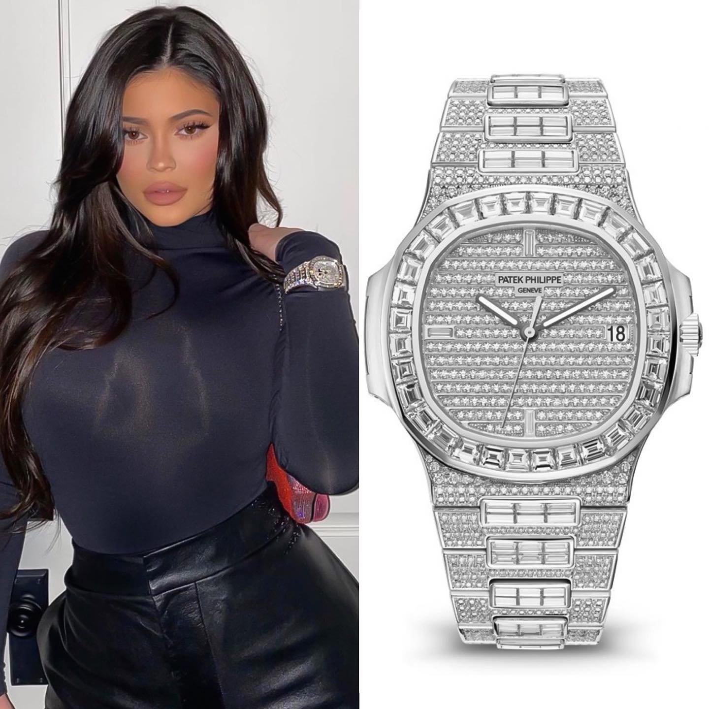 Billionaire lady @kyliejenner here wearing the super blinged Silver Dial @patekphilippe 5719/10G-010 set with totally 1,343 diamonds & 18.73 carat According to Forbes, at just 21, Jenner is worth 1 BILLION DOLLARS, and her cosmetics company, "Kylie Cosmetics", is valued at 900 million. ️ 453,600.00 🌐 📸 @superwatchman