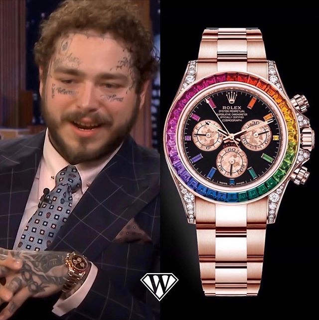 24 year old American rapper Post Malone is sporting an 18K rose gold Rolex Cosmograph Daytona Rainbow with a sapphire bezel and diamond set case. He is known for bending genres like hip hop, country, pop and rock.Price tag: around $350,000 dollars Watch teference: 116595RBOW
