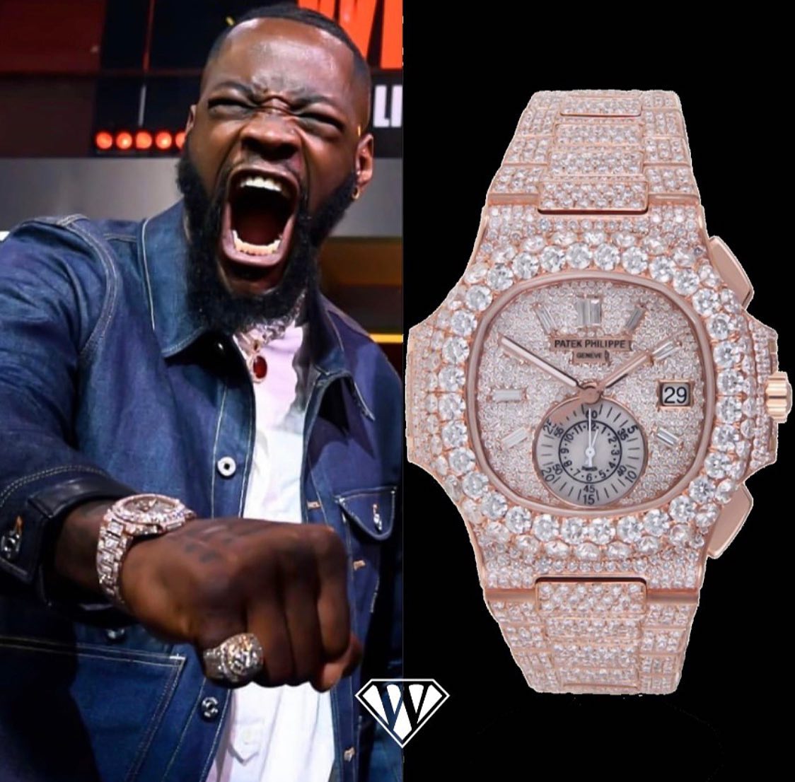Former boxing world heavy weight champion: 34 year old #Wilder, who lost the WBC belt to Tyson Fury in February this year, is sporting a Nautilus encrusted with white round diamonds and baguette diamonds. Price: around $150,000 dollars Watch reference 5980/1R-001