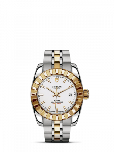 Classic 28 Stainless Steel / Yellow Gold / Fluted / White / Bracelet