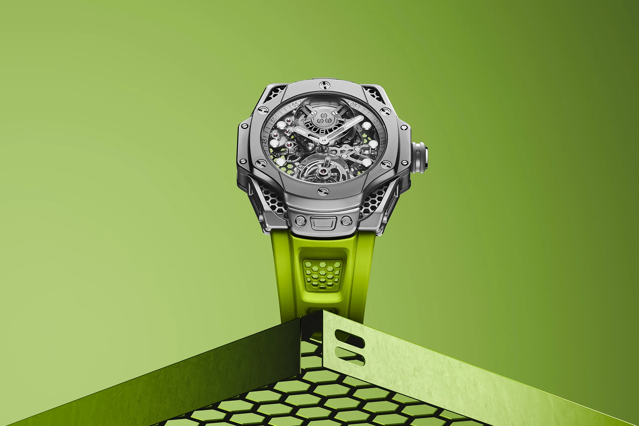 Hublot Big Bang Tourbillon SR_A by Samuel Ross with a green strap against a green background