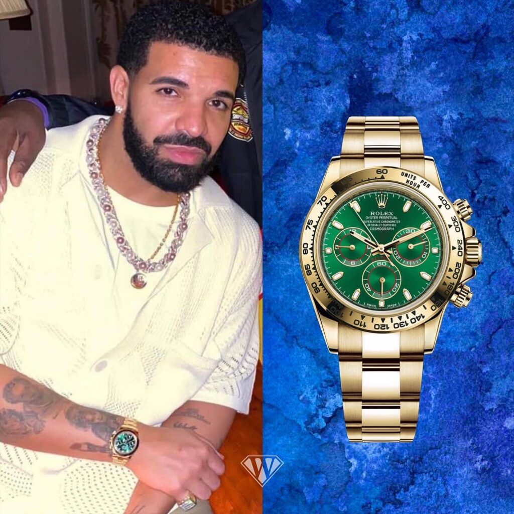Drake with a Rolex Daytona featuring an emerald-colored green dia