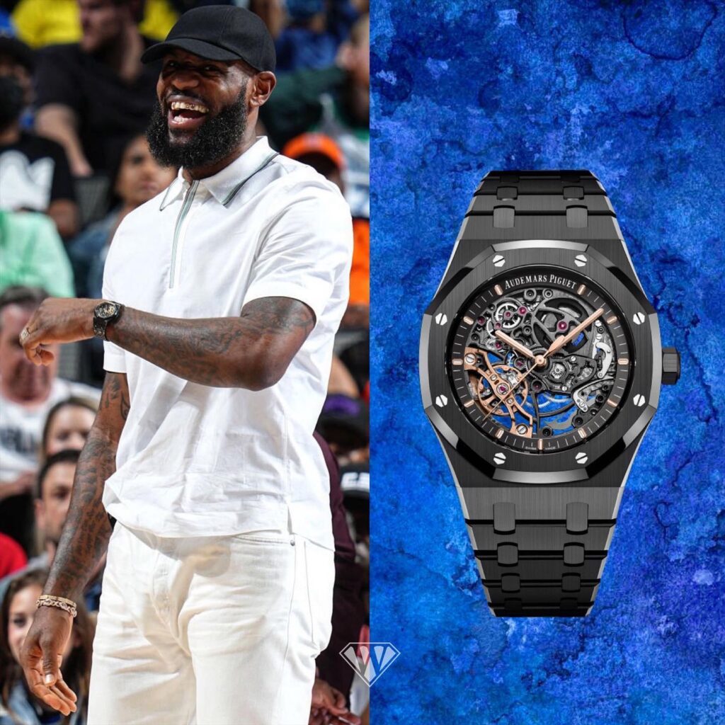 LeBron James of the NBA basketball team Lakers is wearing a 41mm Audemars Piguet Royal Oak Double Balance Wheel Openworked in black ceramic.