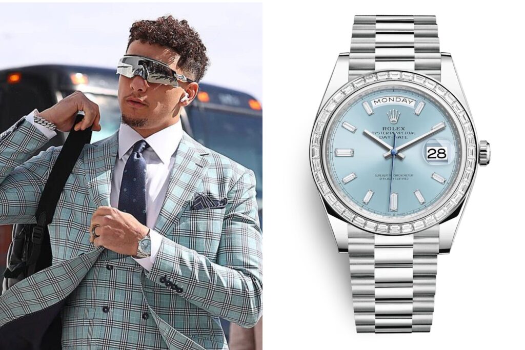 The MVP of the 2023 Superbowl Patrick Mahomes wearing a @rolex Day-Date 228396TBR in platinum.