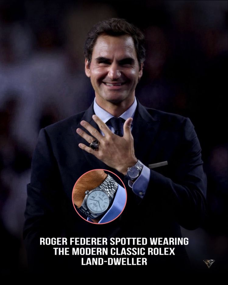 Roger Federer wearing a white-dial Rolex Land-Dweller