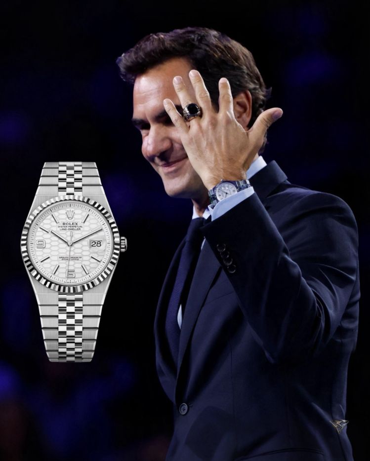 Roger Federer and a closer view of the white-dial Rolex Land-Dweller