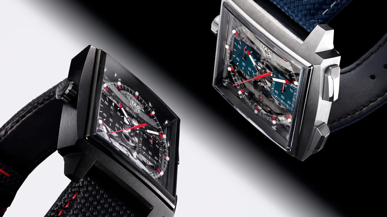 Two TAG Heuer Monaco Evergraph versions showing their open dial architecture