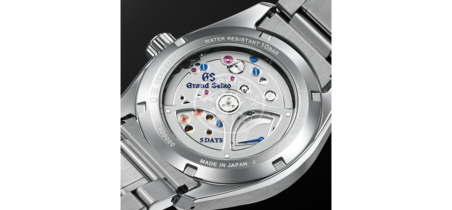 Grand Seiko SLGA009 caseback showing Calibre 9RA2 and the power-reserve indicator