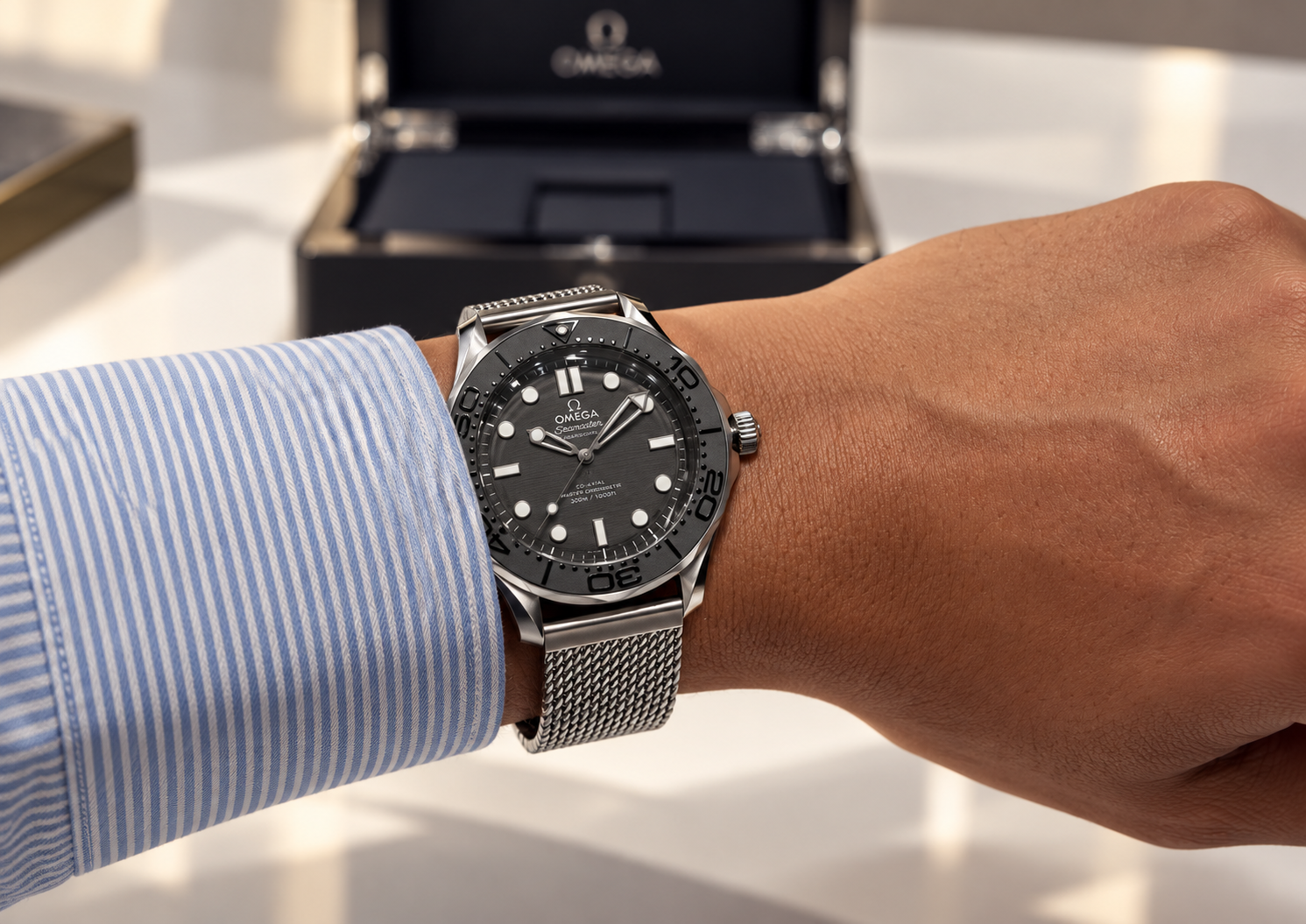 OMEGA Seamaster Diver 300M Spectre edition on the wrist in Stockholm
