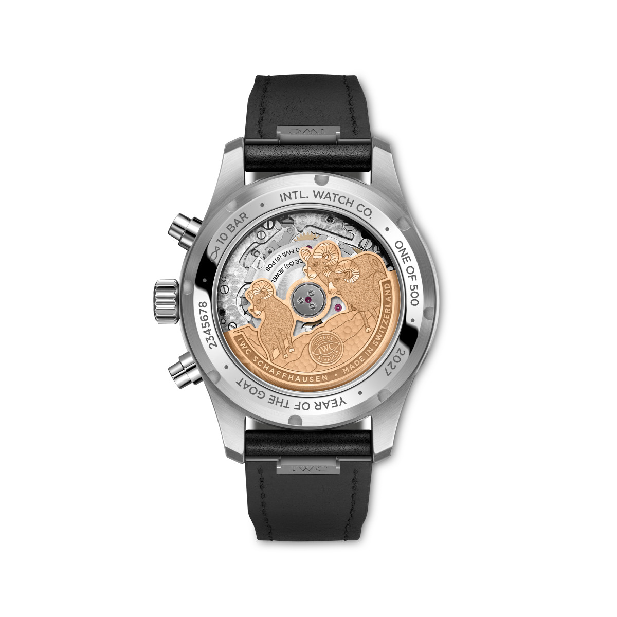Sapphire case back revealing the gold-plated rotor decorated with three goats