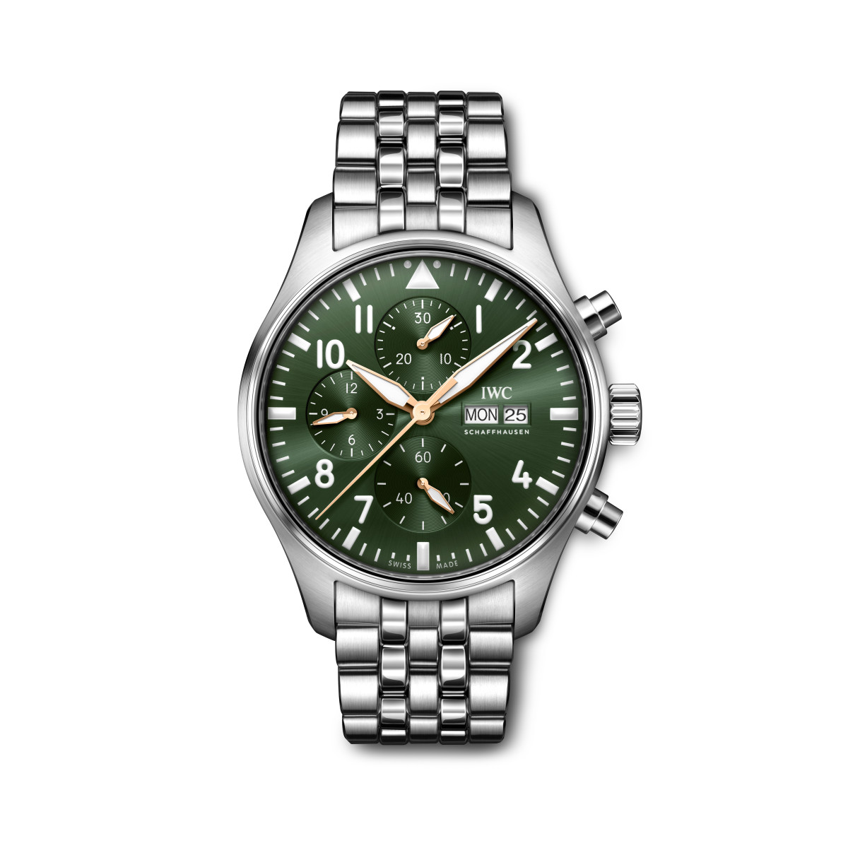 Front view of IWC Pilot’s Watch Chronograph IW378008 with olive-green dial, gold-coloured hands and steel bracelet