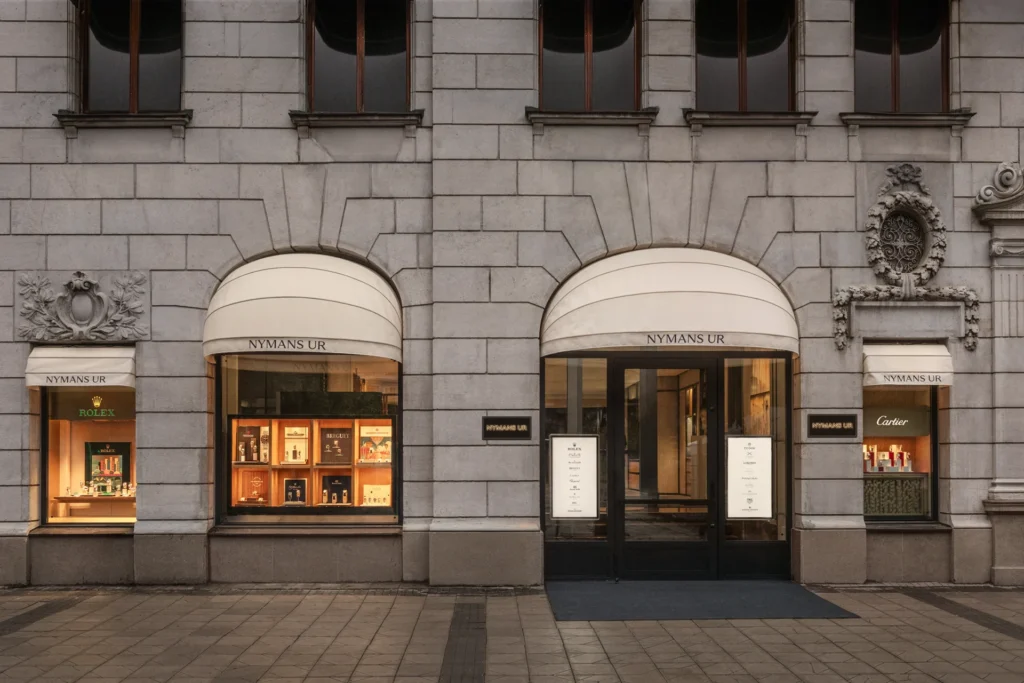 Nymans Ur flagship facade and entrance at Smålandsgatan 16 in Stockholm