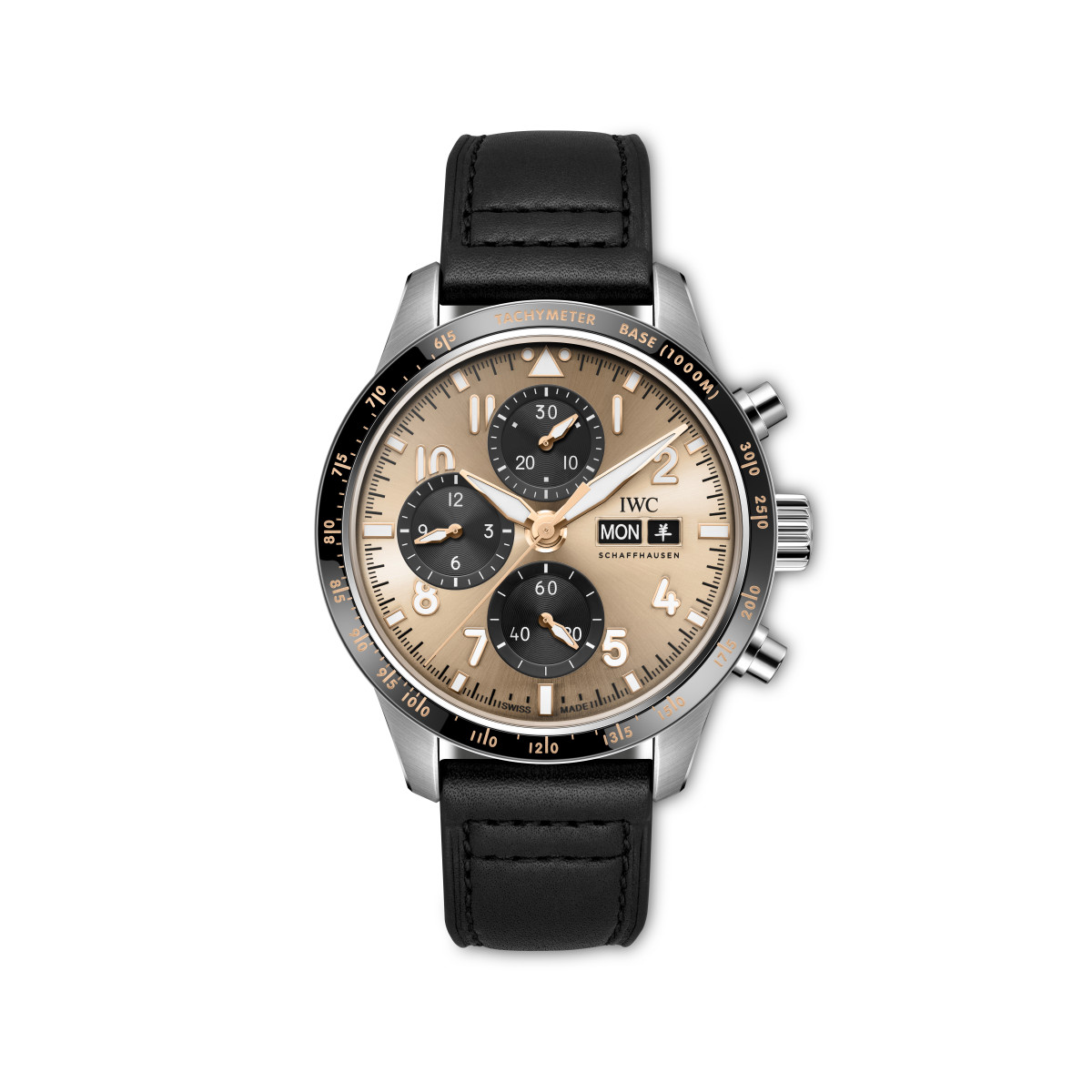 IWC IW388310 with gold-coloured dial, black subdials, ceramic bezel and black leather strap