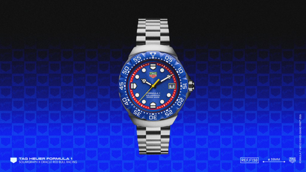 TAG Heuer Formula 1 Solargraph x Oracle Red Bull Racing shown in full on its steel bracelet against a blue background